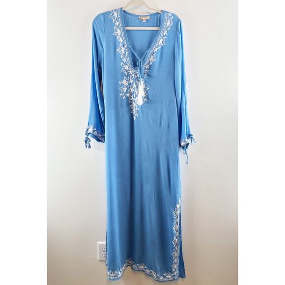 Rise and Bloom Embroidered Long Sleeve Tie Neck Maxi Dress Blue Medium - Picture 4 of 15